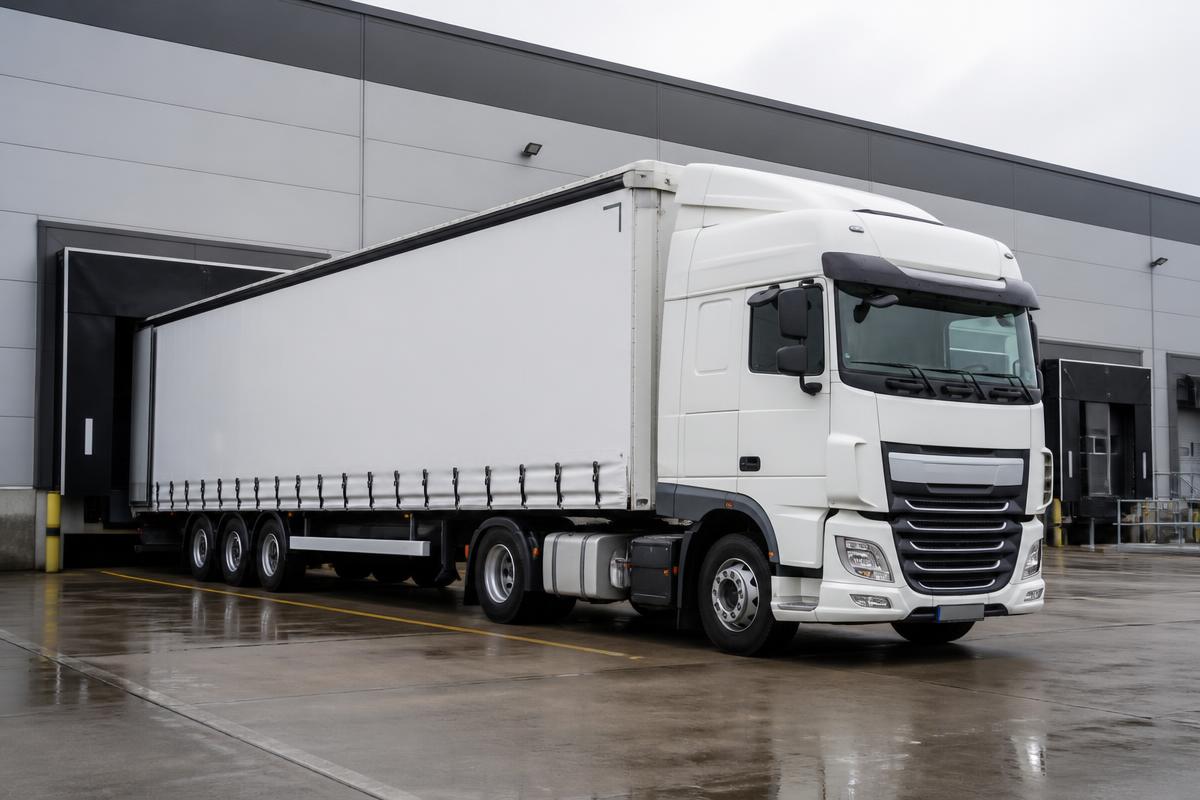 White articulated lorry parked at a warehouse loading bay